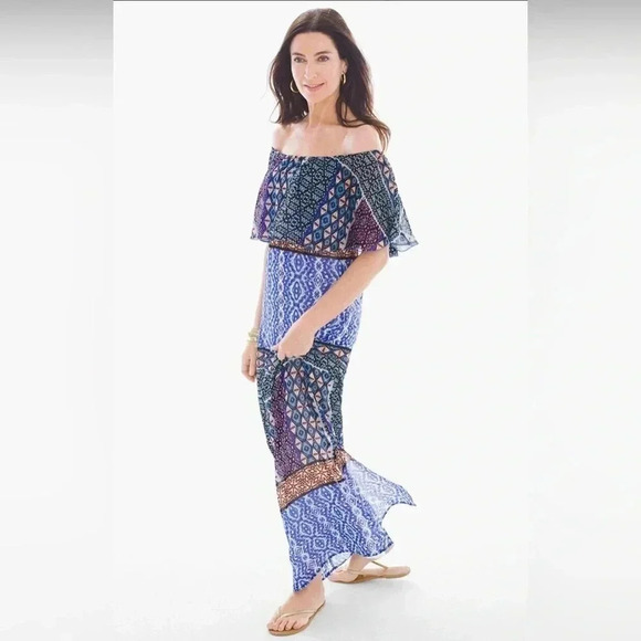 Chico’s Peasant Maxi Dress Blue Mixed Print Women Size 1 (M) - Picture 1 of 10